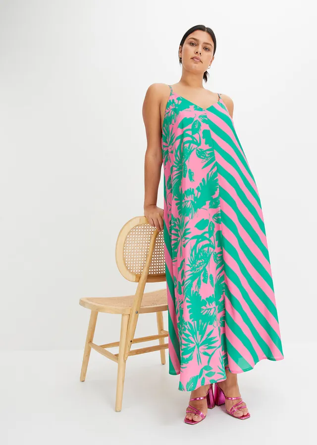 Robe longue et ample, Couleur: rose vif-vert floral