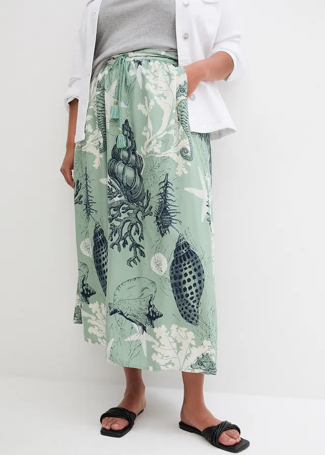 Jupe longue en viscose fluide, Couleur: vert pastel imprimé