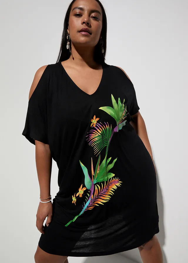 Rochie de plajă din viscoză fluidă, culoare: negru cu flori