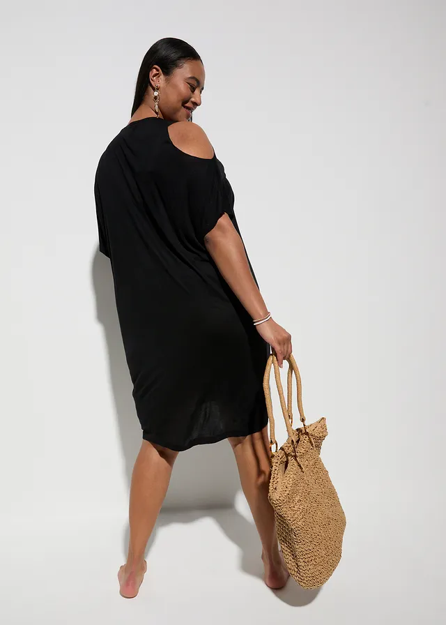 Rochie de plajă din viscoză fluidă, culoare: negru cu flori