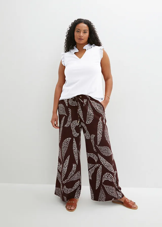 Pantalon large en viscose, Couleur: acajou foncé-écru imprimé