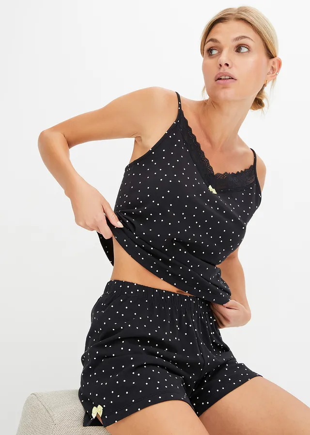 Pyjashort avec top à fines bretelles et dentelle • noir pois blanc • product-page.page-title-suffix