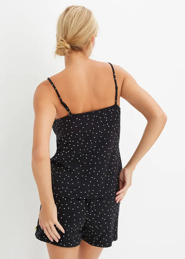 Pijama cu pantaloni scurți cu dantelă discretă, culoare: negru cu puncte