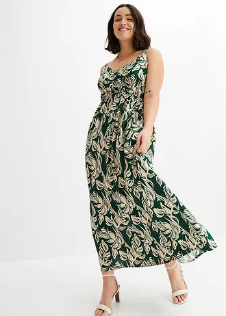 Maxi jurk van soepele viscose, Kleur: donkergroen-sandbeige gebloemd