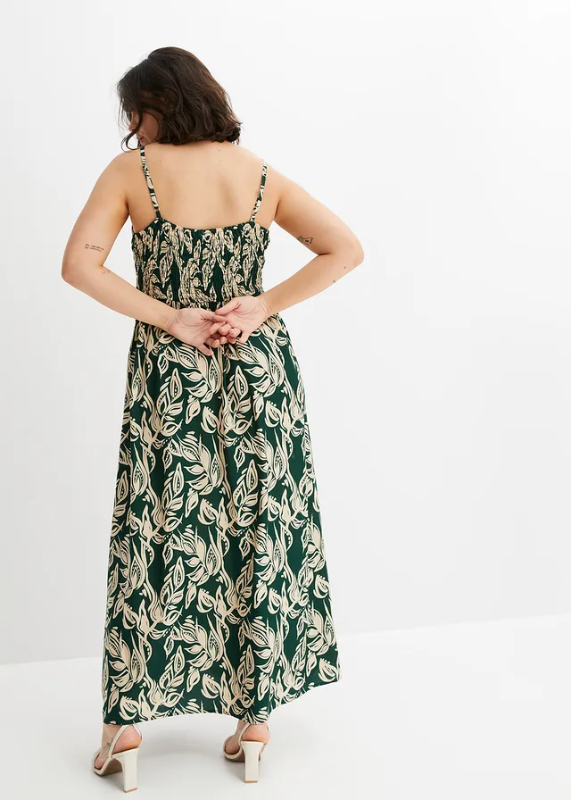Robe longue en viscose fluide, Couleur: vert foncé/beige sable