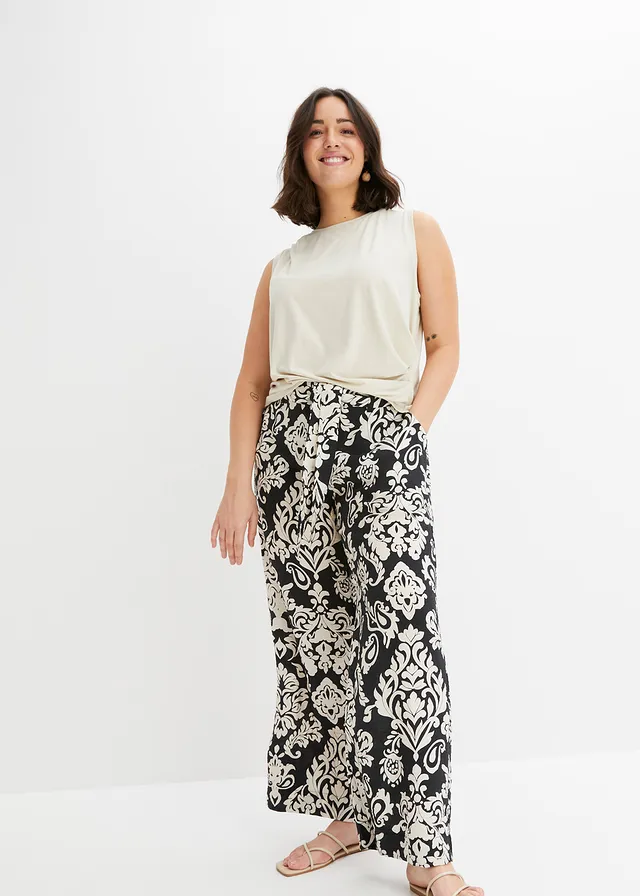 Palazzo broek met comfortband, Kleur: zwart-kiezelbeige grafische print
