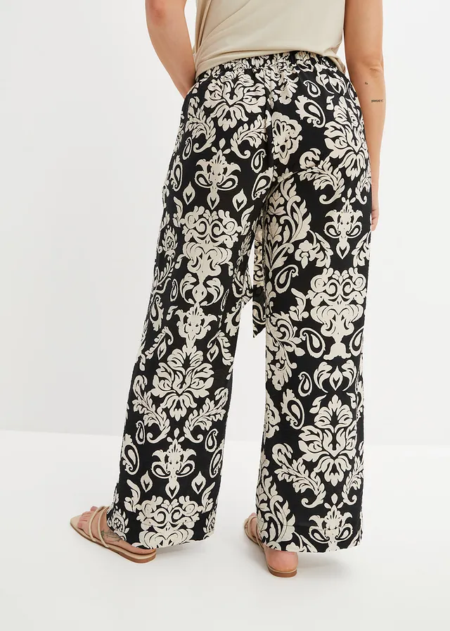 Pantalon palazzo à taille confortable, Couleur: noir/beige galet imprimé graphique
