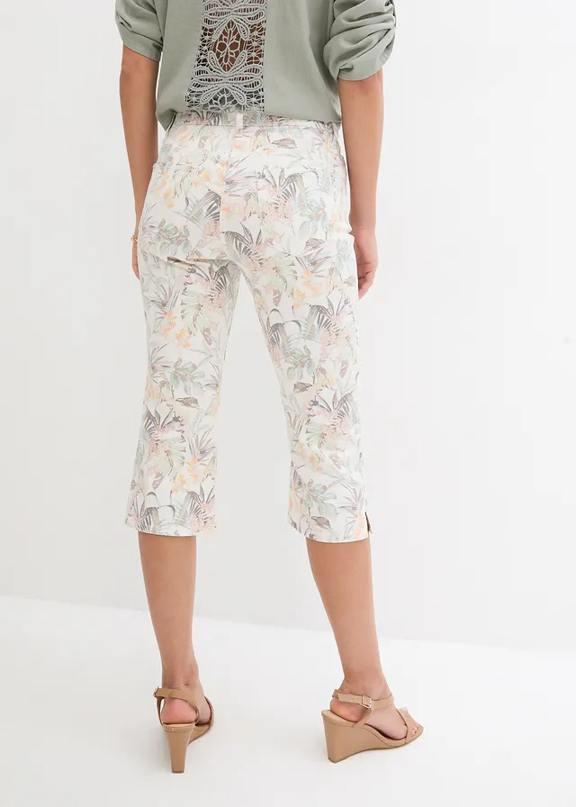 Capri broek, Kleur: wit-olijfgroen gedessineerd