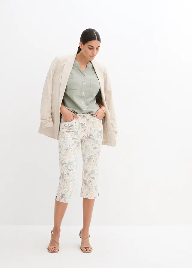 Capri broek • wit-olijfgroen gedessineerd • product-page.page-title-suffix
