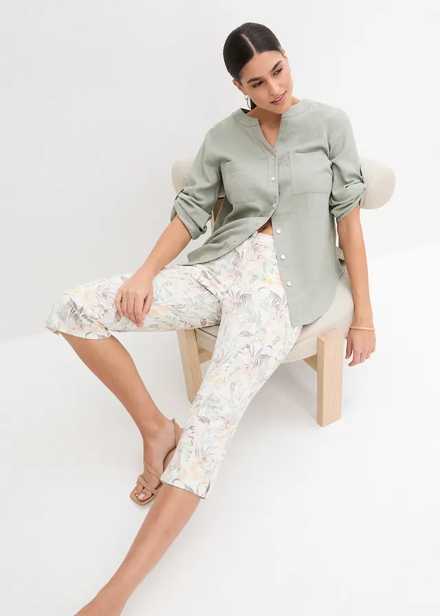 Capri broek • wit-olijfgroen gedessineerd • product-page.page-title-suffix