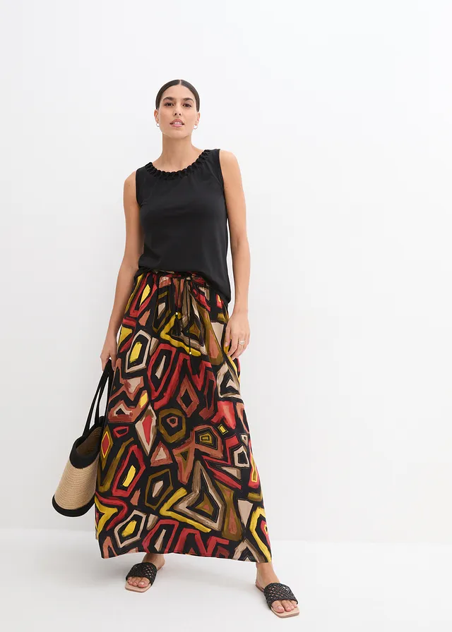 Maxi rok van soepele viscose, Kleur: karmijnrood/zwart met print