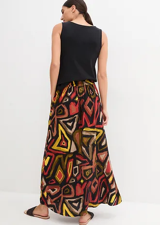 Maxi rok van soepele viscose, Kleur: karmijnrood/zwart met print