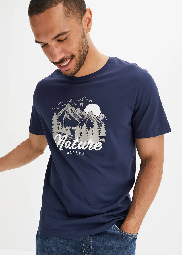 T-shirt van biologisch katoen • donkerblauw met print • bonprix online shop