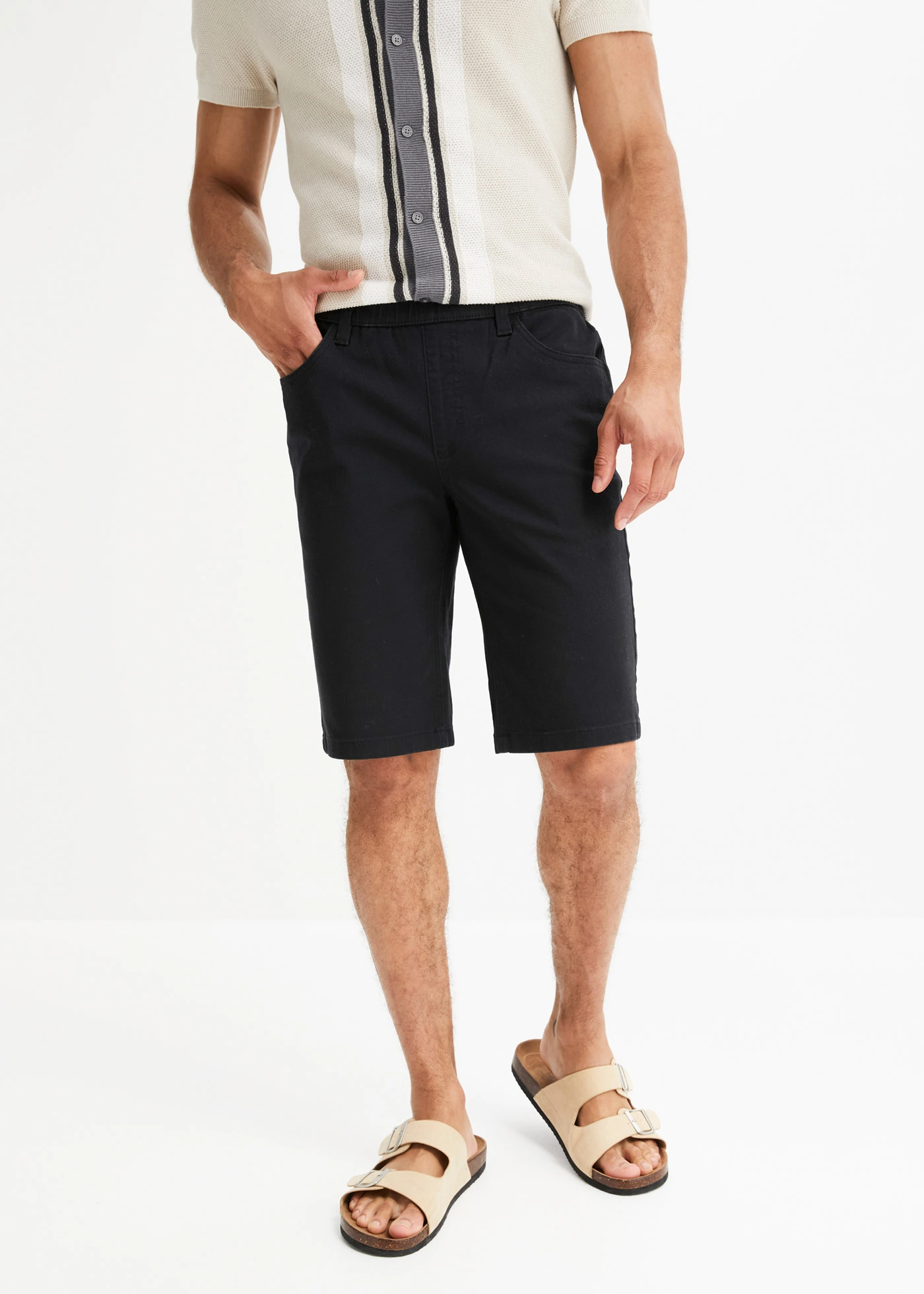 Stretch jeans instap bermuda (set van 2), regular fit • blauw denim+zwart • bonprix online shop