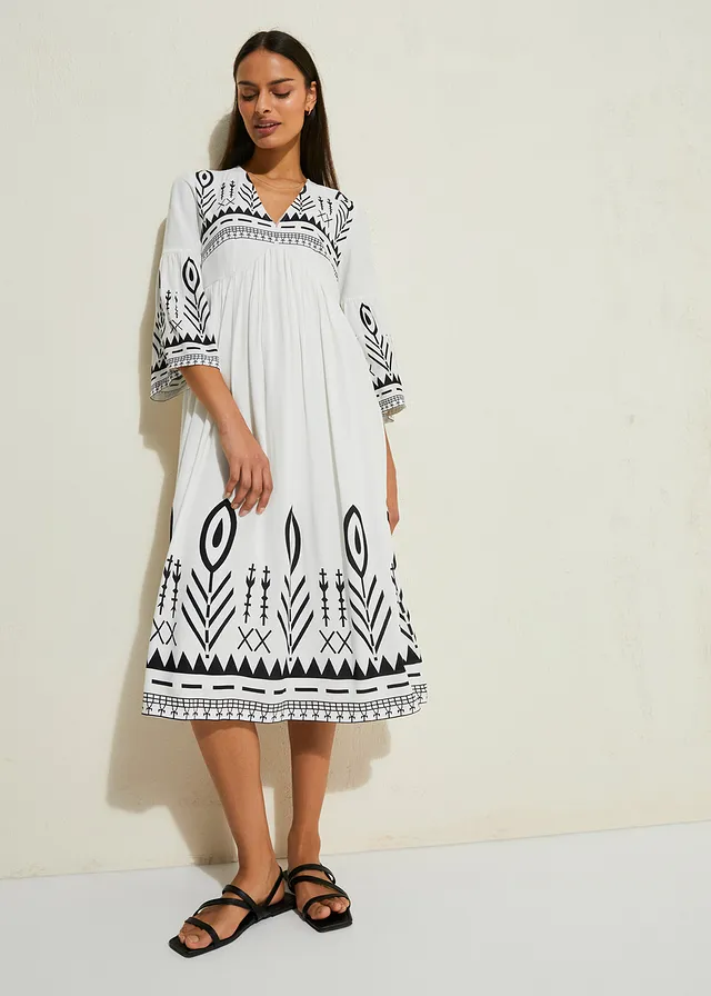 Robe midi en viscose fluide, Couleur: blanc imprimé