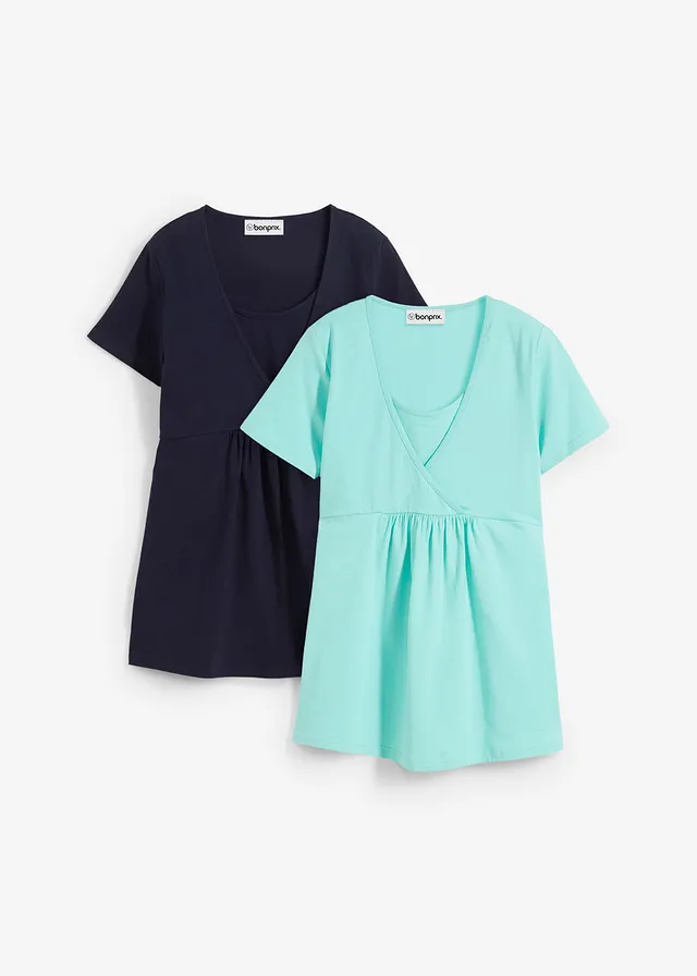 2-in-1 zwangerschapsshirt / voedingsshirt (set van 2), Kleur: donkerblauw+mentholblauw