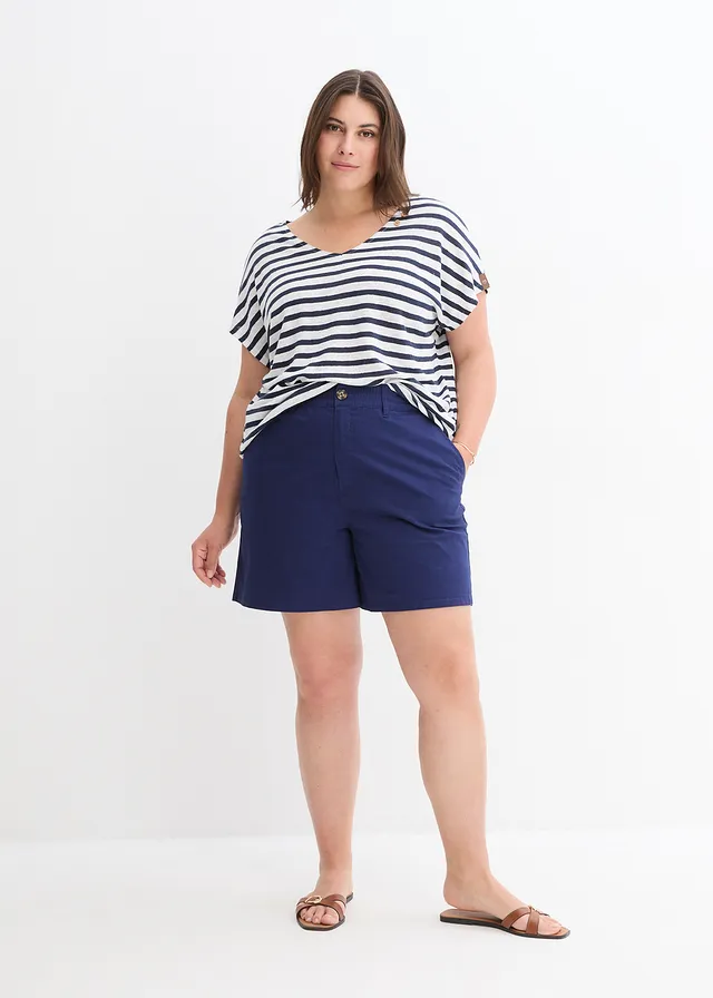 Linnen shirt met vleermuismouwen, Kleur: donkerblauw/wit gestreept