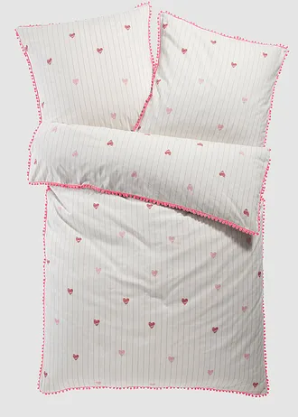 Parure de lit en linon avec pompons • blanc-rouge • Boutique bonprix