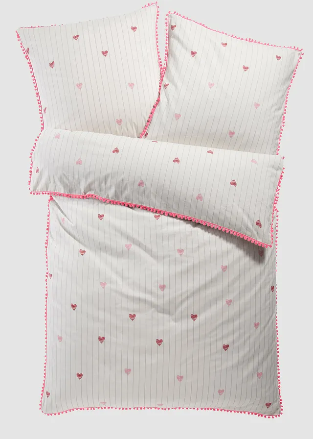 Lenjerie de pat din linou cu pompoane • alb/roșu • magazin bonprix