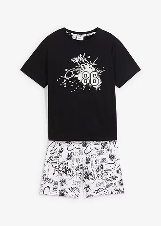 Krátké pyžamo z čisté bavlny (2dílná souprava), barva: bílo-černá s potiskem