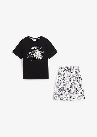 Krátké pyžamo z čisté bavlny (2dílná souprava), barva: bílo-černá s potiskem