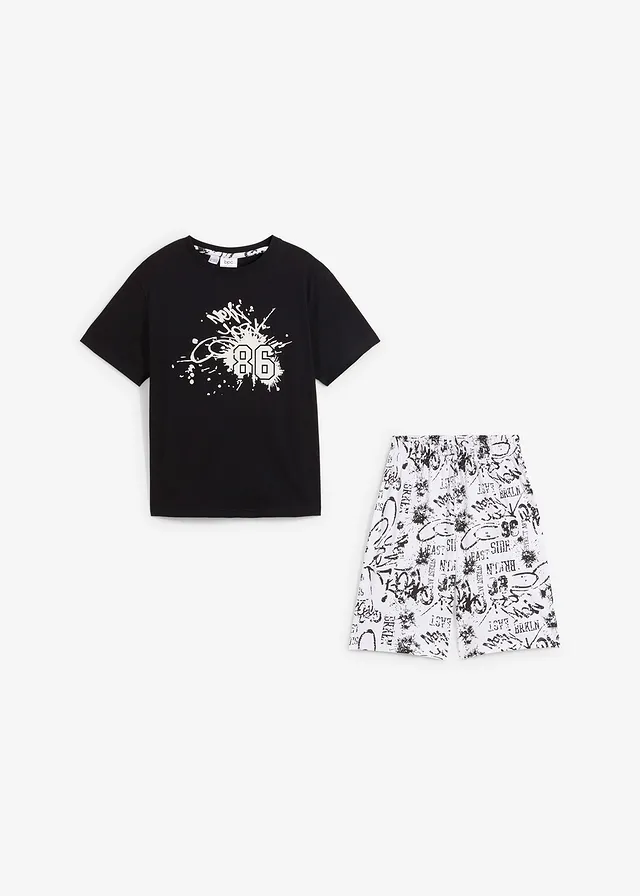 Jongens shortama van katoen (2-dlg. set), Kleur: wit-zwart met print