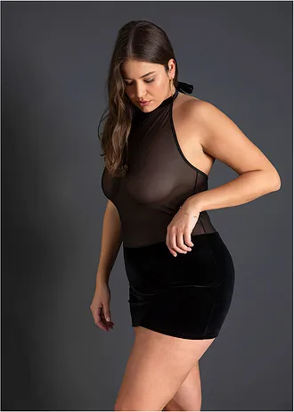 Halterjurk met fluweel, Kleur: zwart