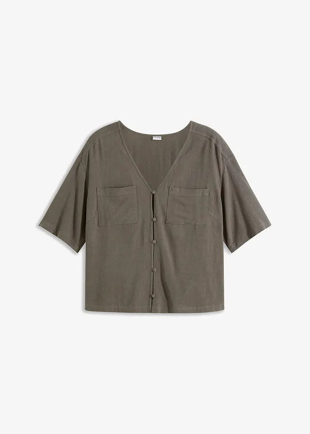 Blouse met korte mouwen in een viscose-linnenmix • olijfgroen • bonprix online shop