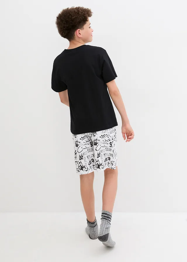 Jongens shortama van katoen (2-dlg. set), Kleur: wit-zwart met print