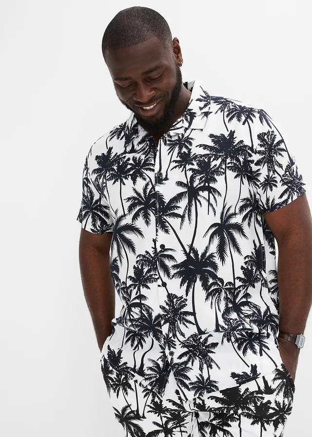 Overhemd met reverskraag en korte mouwen, slim fit, Kleur: wit-zwart gedessineerd