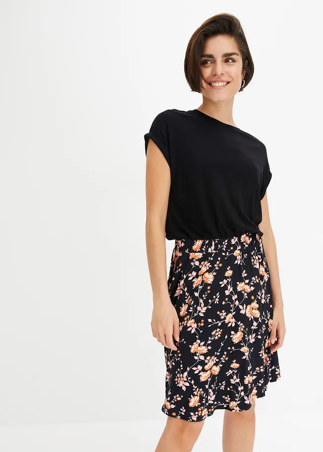 Jersey jurk in een viscosemix • zwart-oranje gebloemd • product-page.page-title-suffix