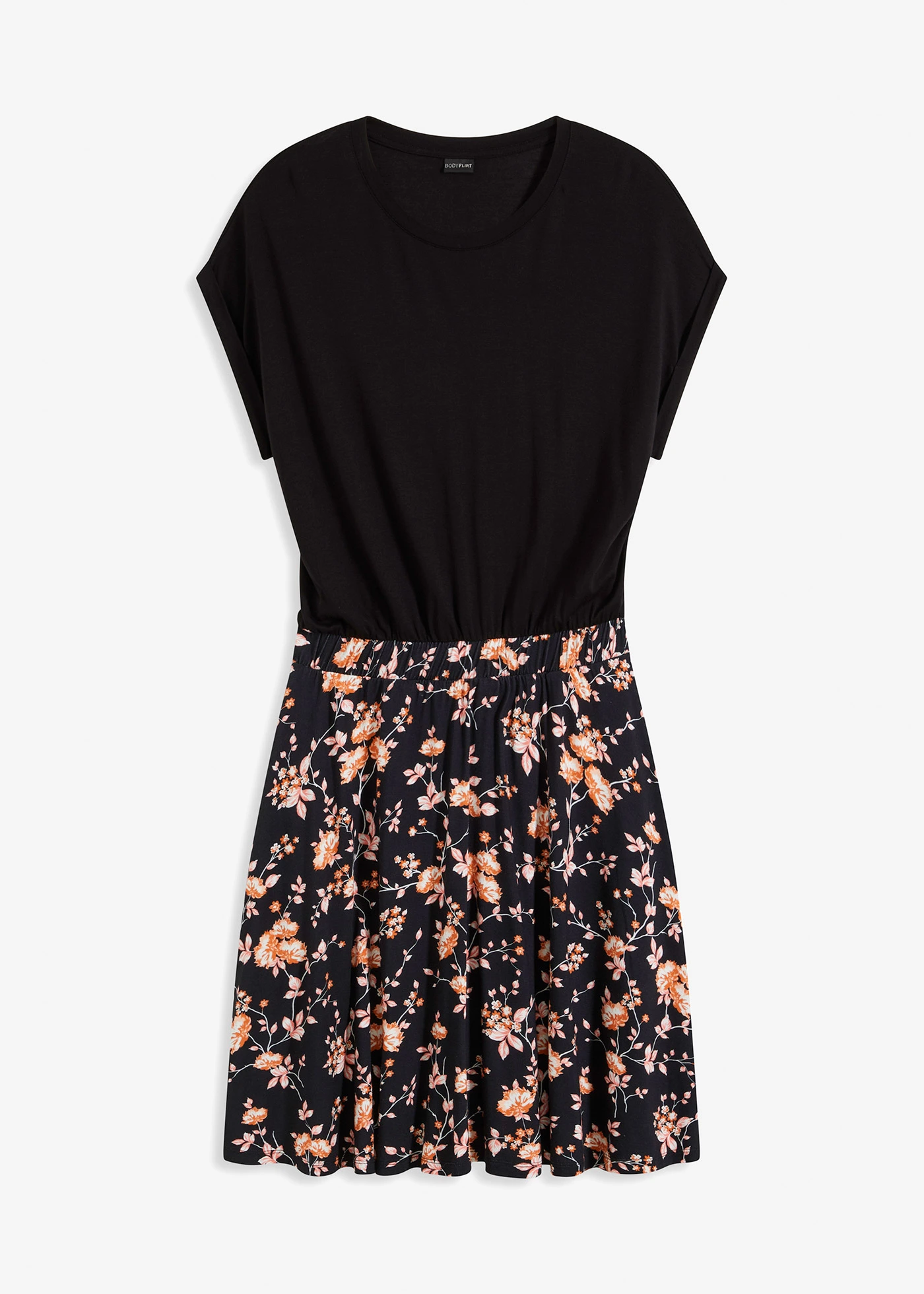 Jersey jurk in een viscosemix • zwart-oranje gebloemd • bonprix online shop