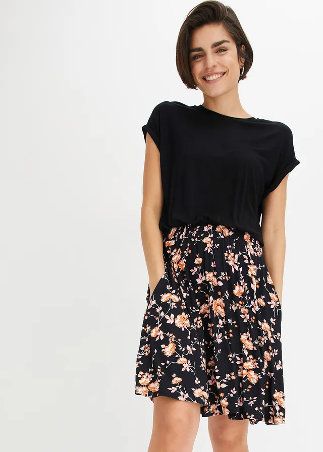 Jersey jurk in een viscosemix • zwart-oranje gebloemd • product-page.page-title-suffix