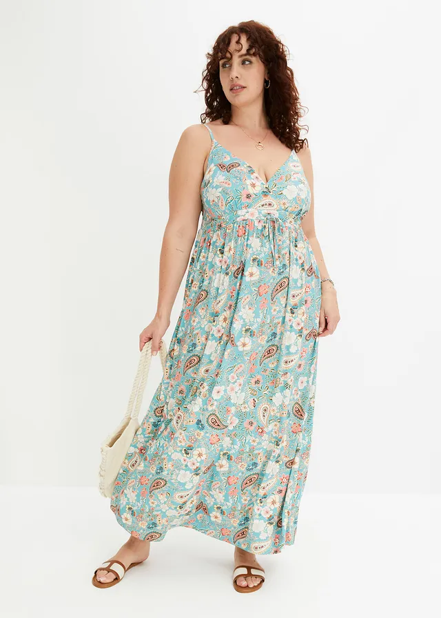 Robe longue et fluide, Couleur: menthe à fleurs