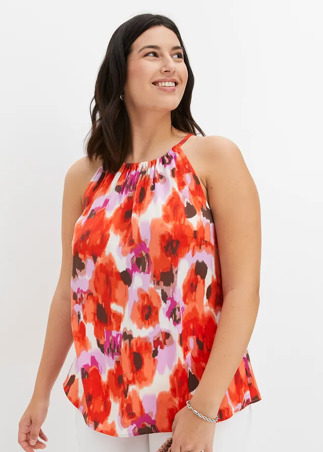 Blouse sans manches imprimée, Couleur: crème-rouge-violet floral