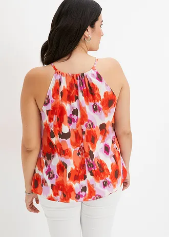 Gedessineerde blousetop, Kleur: crème/rood/paars gebloemd