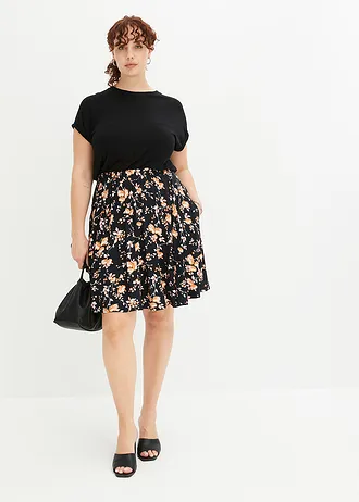 Jersey jurk van een viscosemix, Kleur: zwart-oranje gebloemd