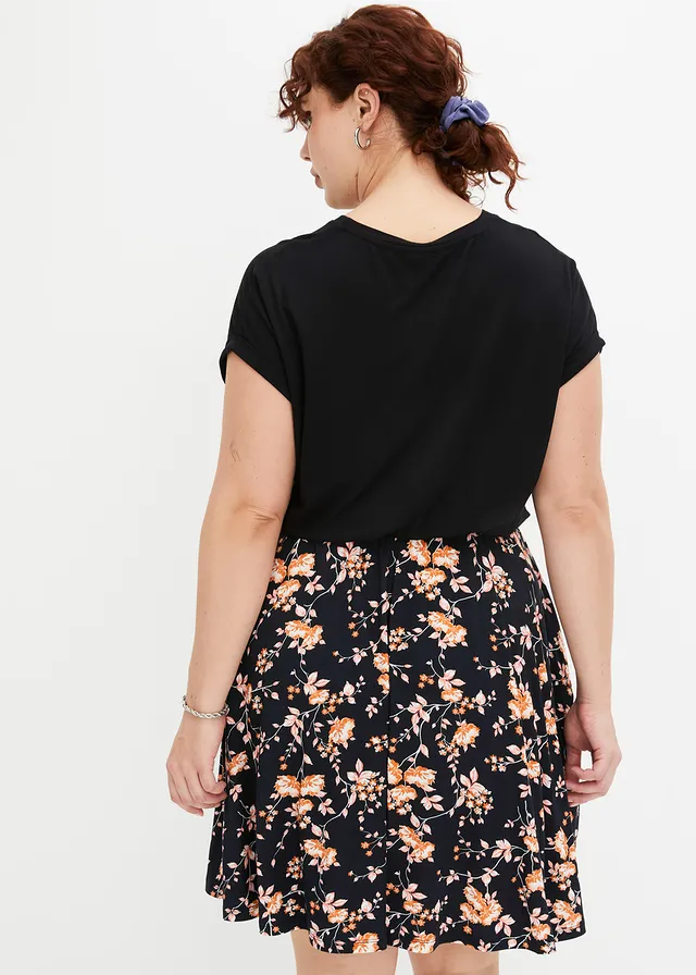 Jersey jurk in een viscosemix, Kleur: zwart-oranje gebloemd