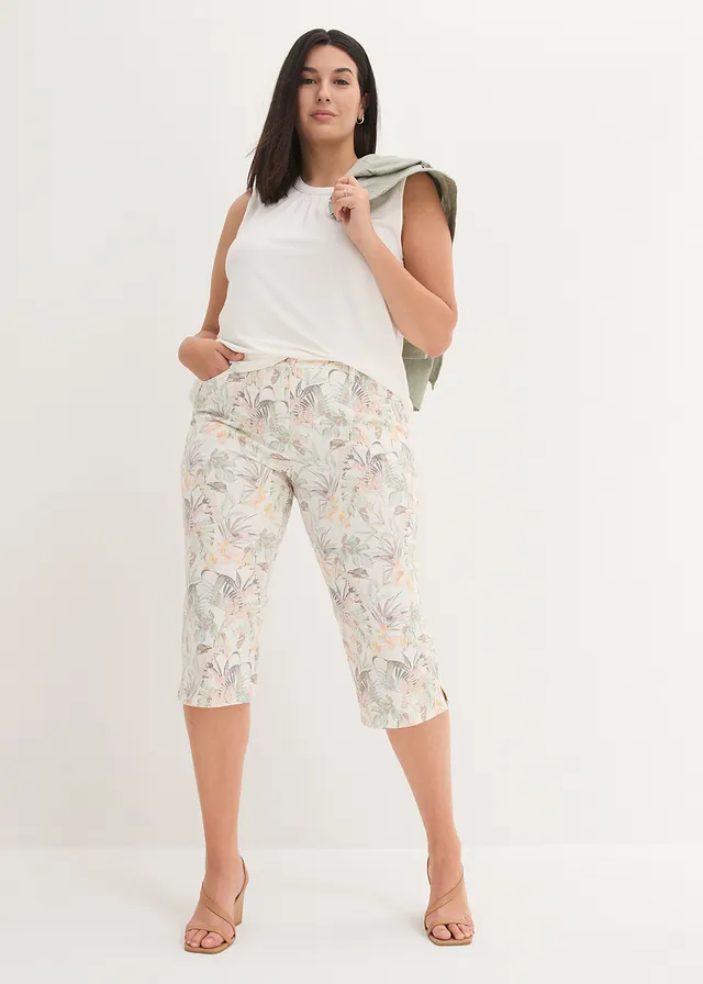 Capri broek, Kleur: wit-olijfgroen gedessineerd