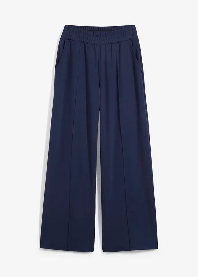 Pantalon large à pinces en jersey, Couleur: bleu foncé