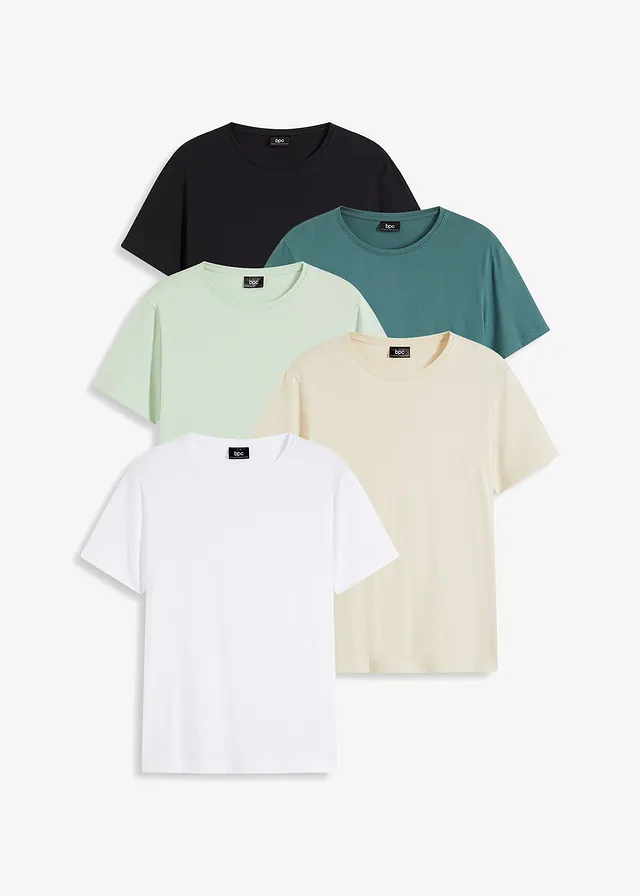 Lot de 5 T-shirts, Couleur: roseau clair + gris vert + blanc + noir + sable clair