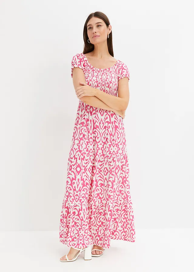 Robe longue en viscose extensible, Couleur: fuchsia clair/écru paisley
