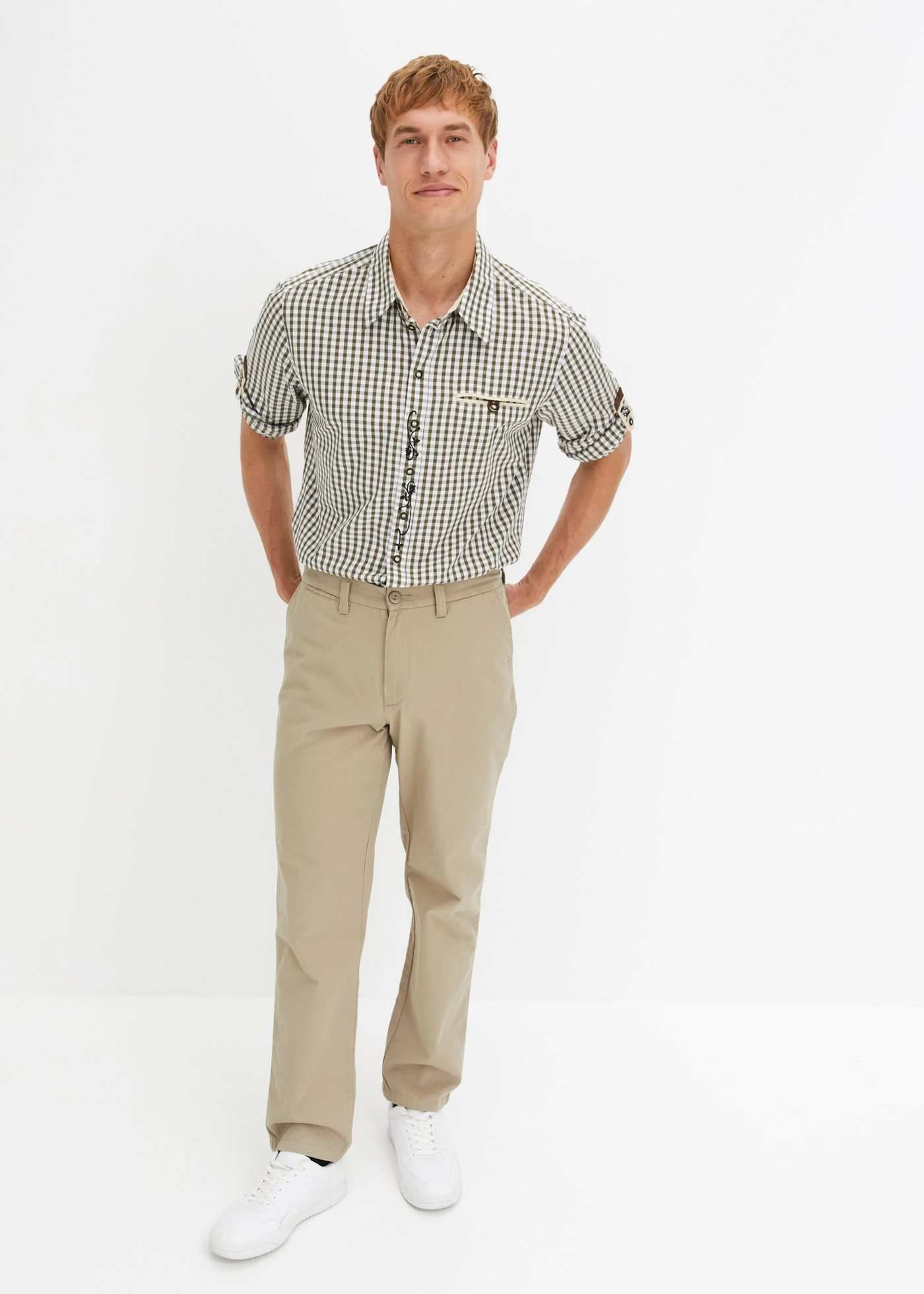 Krojová košile se založenými rukávy • tmavě olivovo-bílá kostka • bonprix obchod