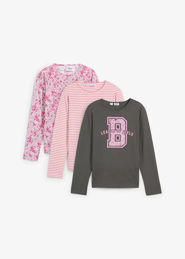 Lot de 3 T-shirts manches longues 100% coton, Couleur: prune+rose framboise+anthracite