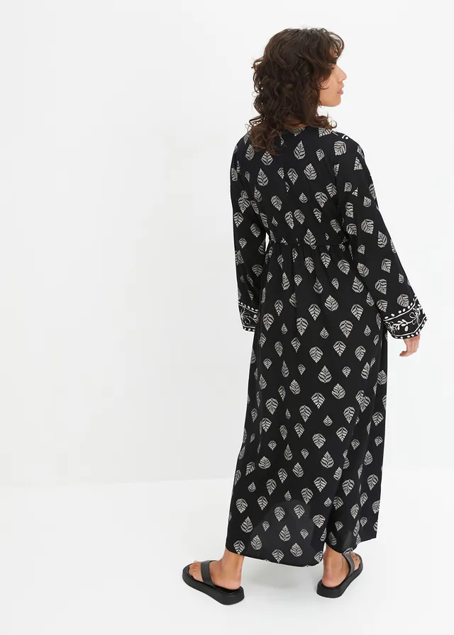 Robe longue tissée en viscose, Couleur: noir/beige galet imprimé