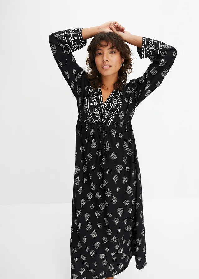 Robe longue tissée en viscose, Couleur: noir/beige galet imprimé