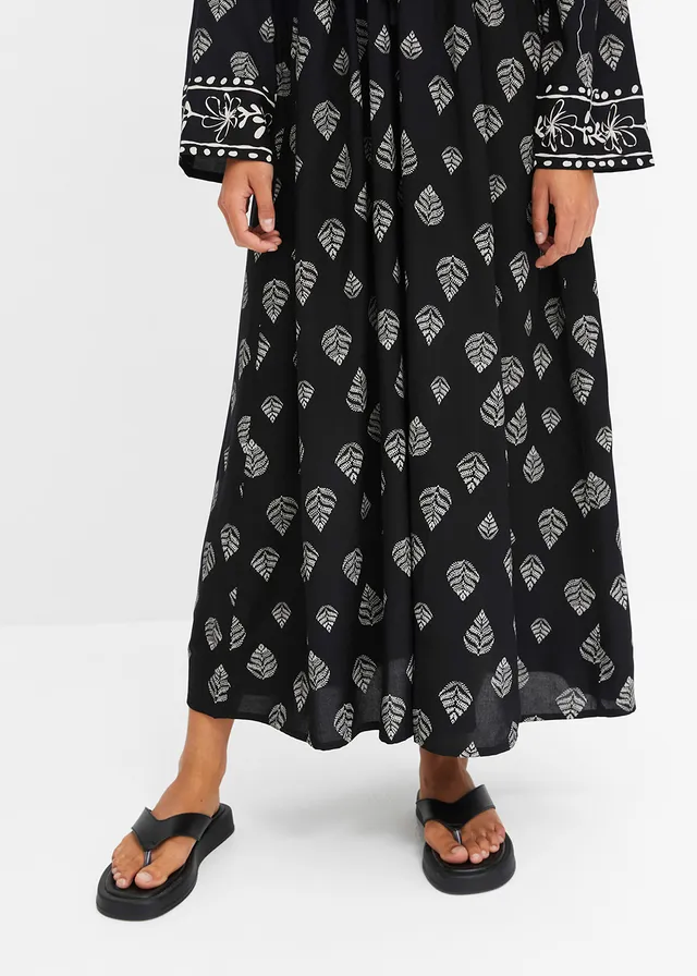 Geweven maxi jurk van viscose • zwart-kiezelbeige gedessineerd • product-page.page-title-suffix