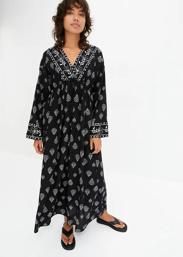 Robe longue tissée en viscose, Couleur: noir/beige galet imprimé