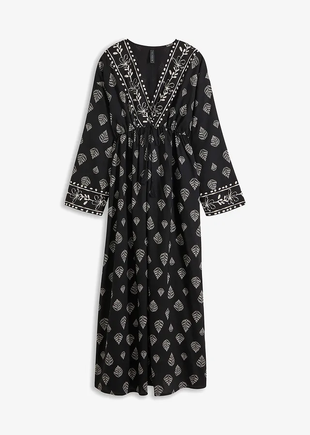 Robe longue tissée en viscose, Couleur: noir/beige galet imprimé