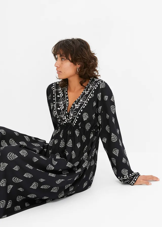 Geweven maxi jurk van viscose • zwart-kiezelbeige gedessineerd • product-page.page-title-suffix